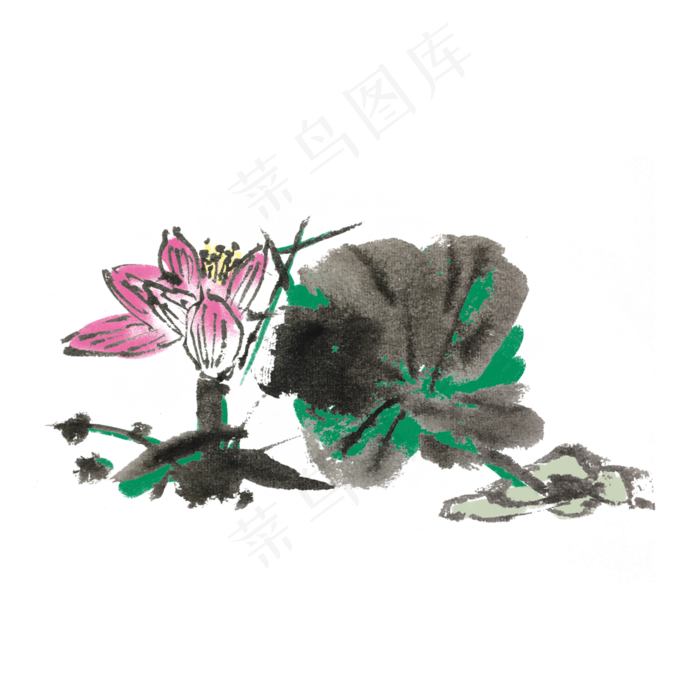 水墨荷花荷叶手绘插画,免抠元素