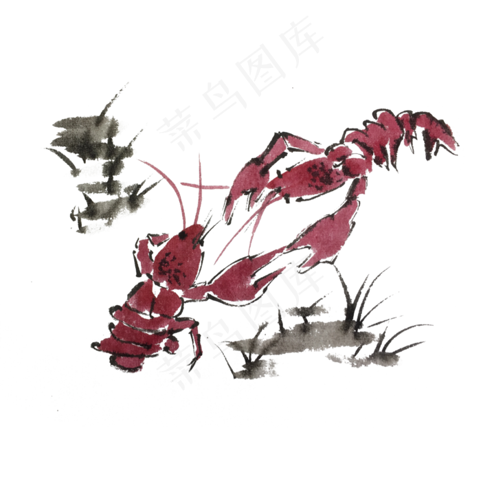 两只小龙虾水墨风夏天到了手绘插