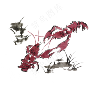 两只小龙虾水墨风夏天到了手绘插