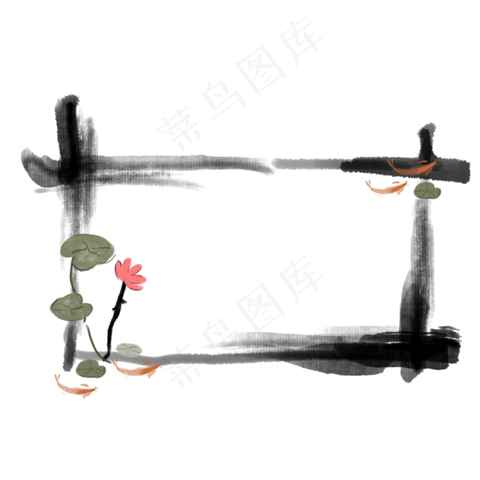 水墨荷花植物边框素材,免抠元素(2000X2000(DPI:300))psd模版下载