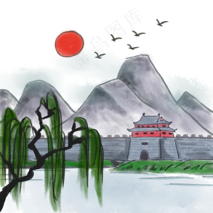中国风山水山脉水墨画水彩画手绘(2000X2000(DPI:300))psd模版下载