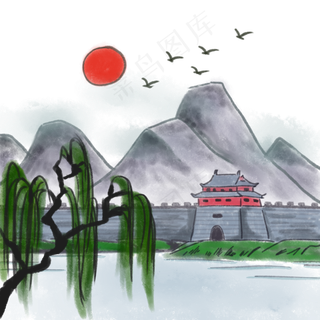 中国风山水山脉水墨画水彩画手绘