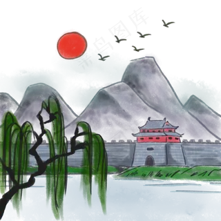 中国风山水山脉水墨画水彩画手绘