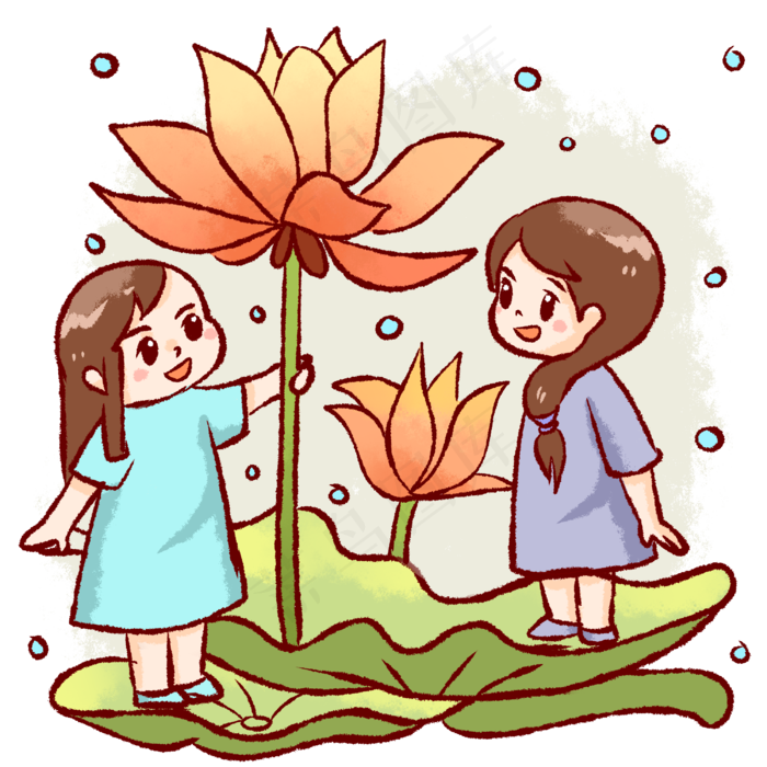 小女孩雨中观赏荷花荷叶