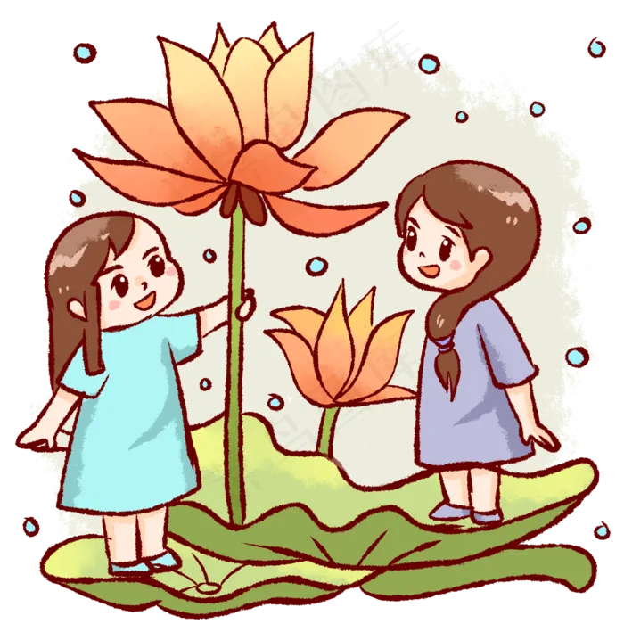 小女孩雨中观赏荷花荷叶(3000X3000(DPI:300))psd模版下载