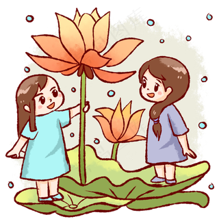 小女孩雨中观赏荷花荷叶