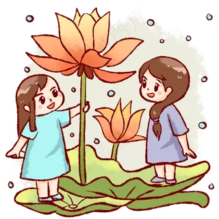 小女孩雨中观赏荷花荷叶