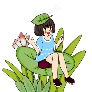 夏日坐在荷花上小女孩