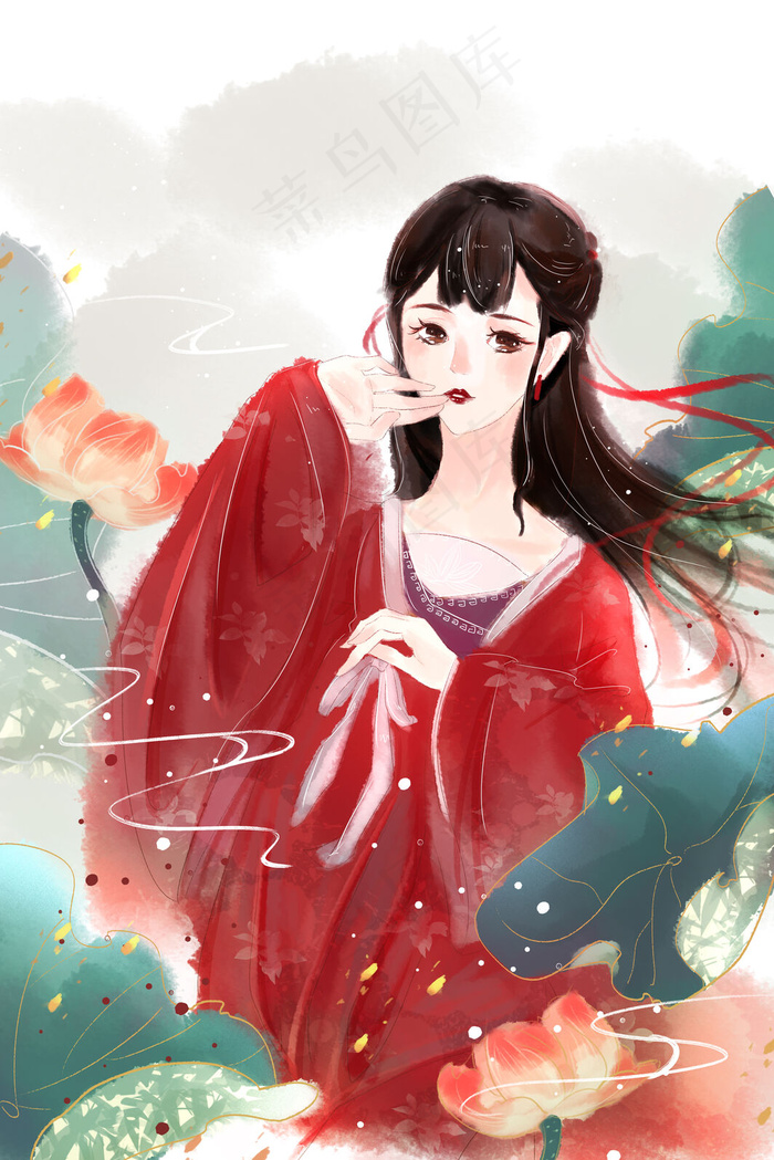 古风夏天红衣女子(3545*5315px 300 dpi )psd模版下载