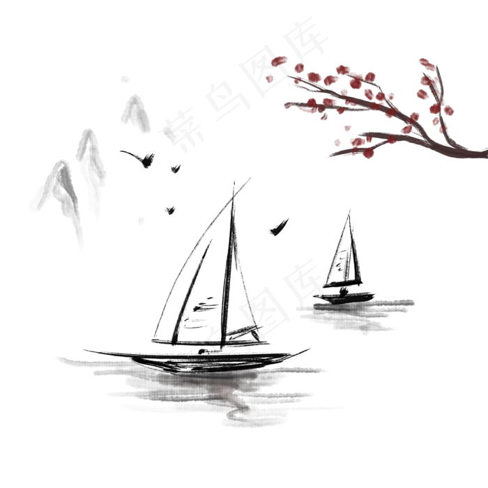 飞鸟山岚水墨划船(2000X2000(DPI:300))psd模版下载