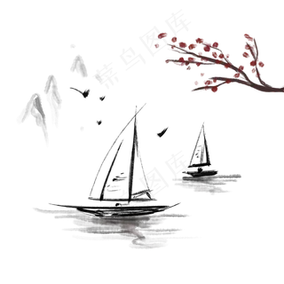 飞鸟山岚水墨划船