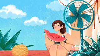 卡通手绘风夏景女孩吃西瓜吹风扇配图