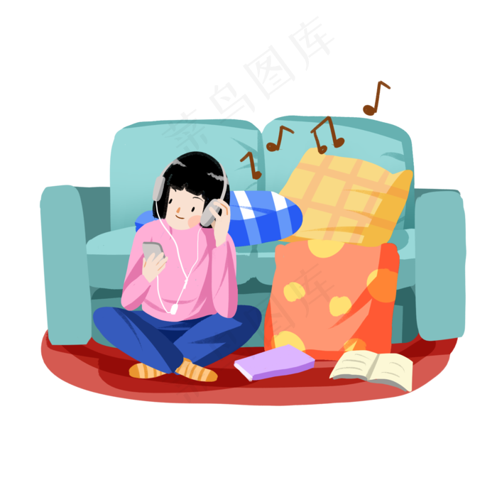 卡通手绘寒假开心听歌的女孩