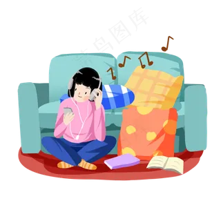卡通手绘寒假开心听歌的女孩