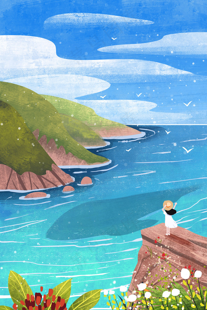 女孩夏日海边山崖看见一条鲸鱼(3545X5315(DPI:300))psd模版下载