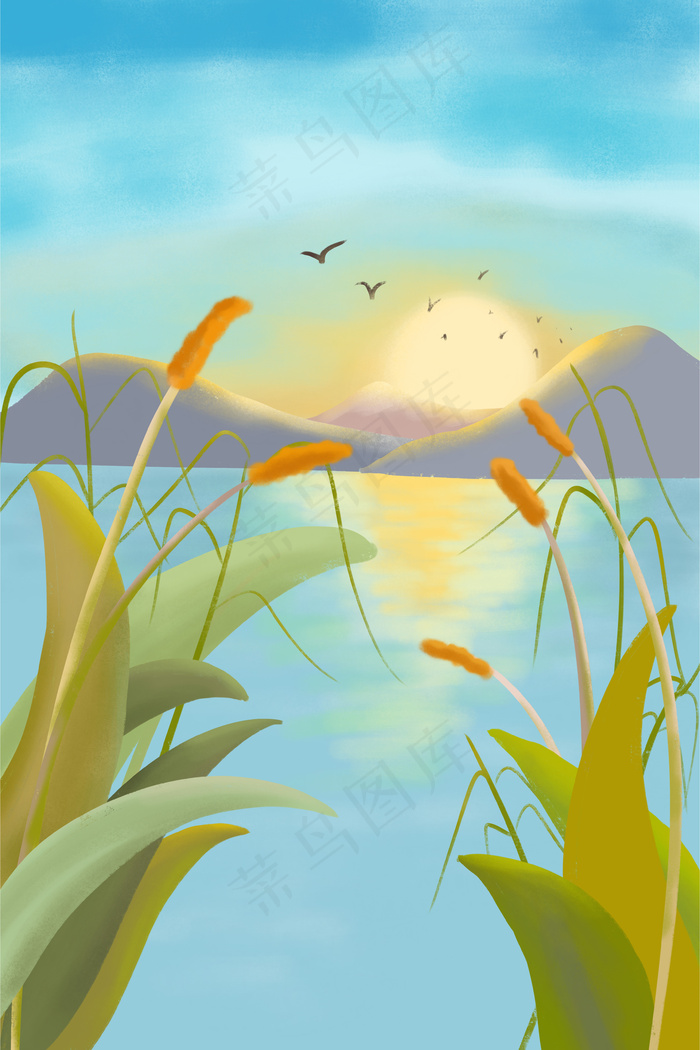 秋季麦穗二十四节气之白露手绘插画