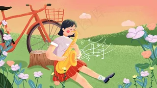 春天踏青唱歌吹萨克斯春日旅行户外游玩