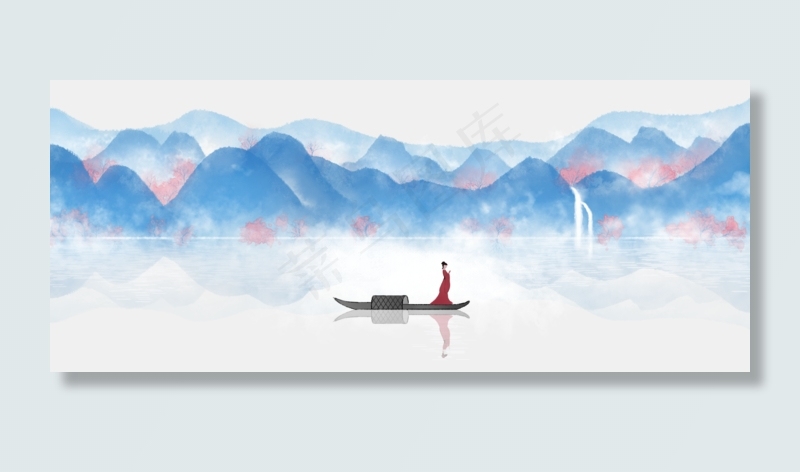 手绘古风水墨山水瀑布现代中式PSD,免抠元素(1920*800px)psd模版下载