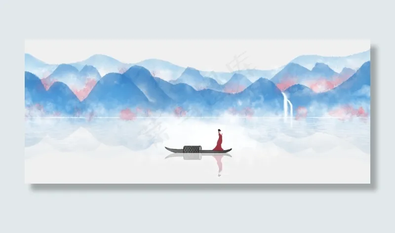 手绘古风水墨山水瀑布现代中式PSD,免抠元素(1920*800px)psd模版下载
