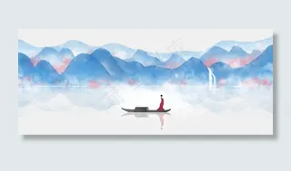 手绘古风水墨山水瀑布现代中式PSD,免抠元素