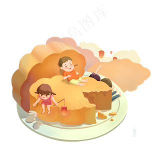 中秋月饼哥哥妹妹饱餐想象PNG图,免抠元素