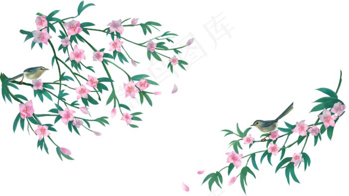 中国风花鸟桃红柳绿雀鸟鸣边框横,免抠元素