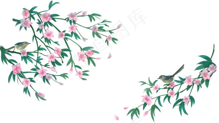 中国风花鸟桃红柳绿雀鸟鸣边框横,免抠元素(2880X1620(DPI:300))psd模版下载