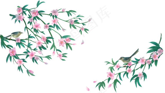 中国风花鸟桃红柳绿雀鸟鸣边框横,免抠元素