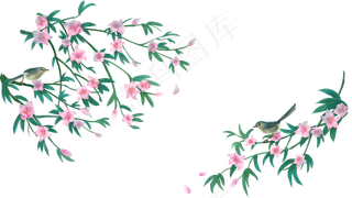 中国风花鸟桃红柳绿雀鸟鸣边框横,免抠元素
