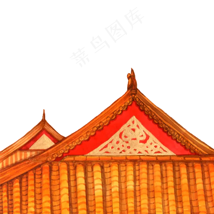 色手绘故宫屋檐装饰画,免抠元素