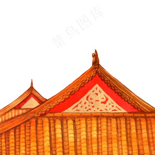 色手绘故宫屋檐装饰画,免抠元素