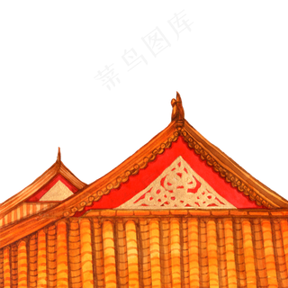 色手绘故宫屋檐装饰画,免抠元素