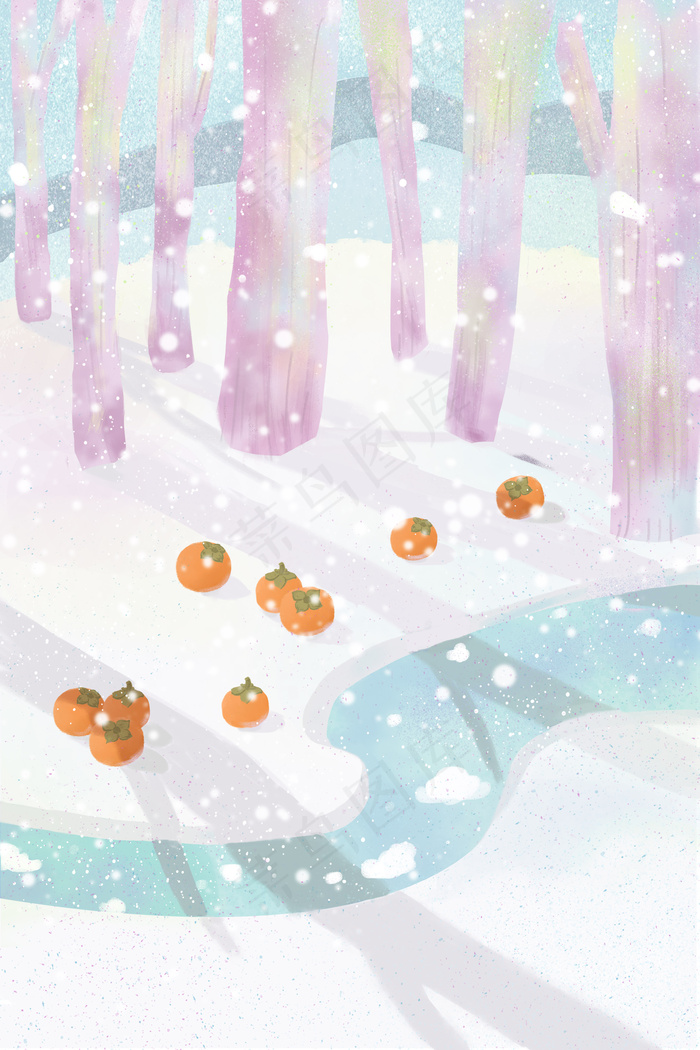 霜降节气冬天冬季柿子小雪河流结冰治愈景色(3545*5315px 300 dpi )psd模版下载