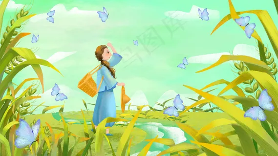 小满芒种六月你好绿色女孩小麦