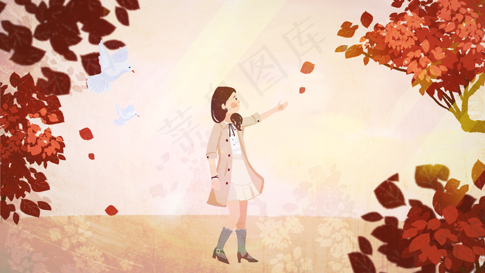 秋天红色落叶气质女孩(2880*1620px 300 dpi )psd模版下载
