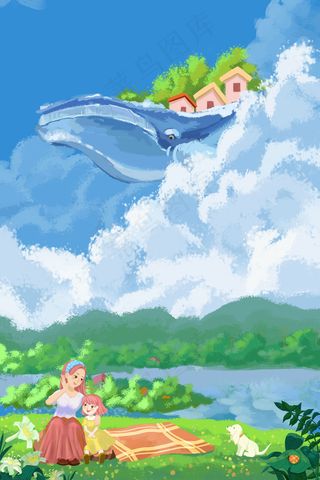 绿色唯美卡通夏日立夏空中蓝鲸炎热夏季风