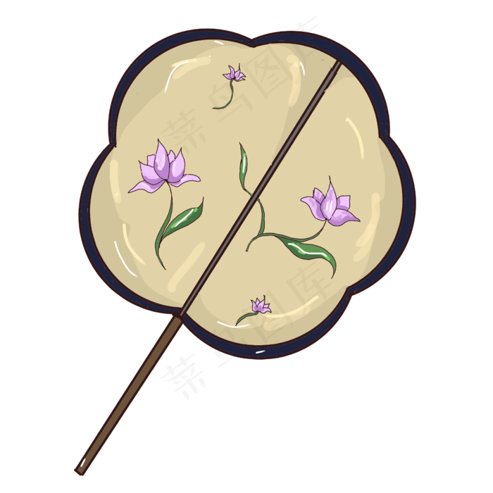 手绘莲花扇子插画,免抠元素