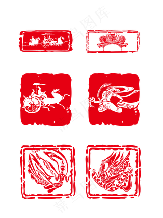 红色中国风车马敦煌飞天人物印章,免抠元素