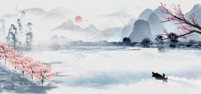 中国风水墨画山河桃花平面广告(1920*900px 	       )psd模版下载