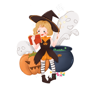 万圣节看魔法书制药的小女巫,免抠元素