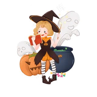 万圣节看魔法书制药的小女巫,免抠元素