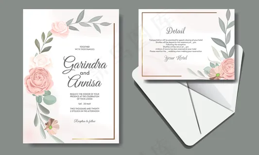 带美丽玫瑰的婚礼请柬