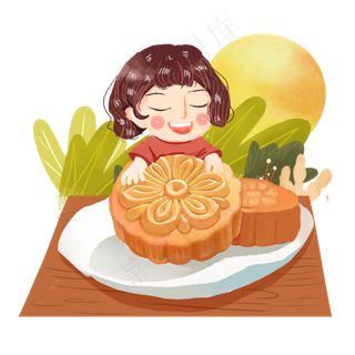 中秋月圆女孩吃月饼png