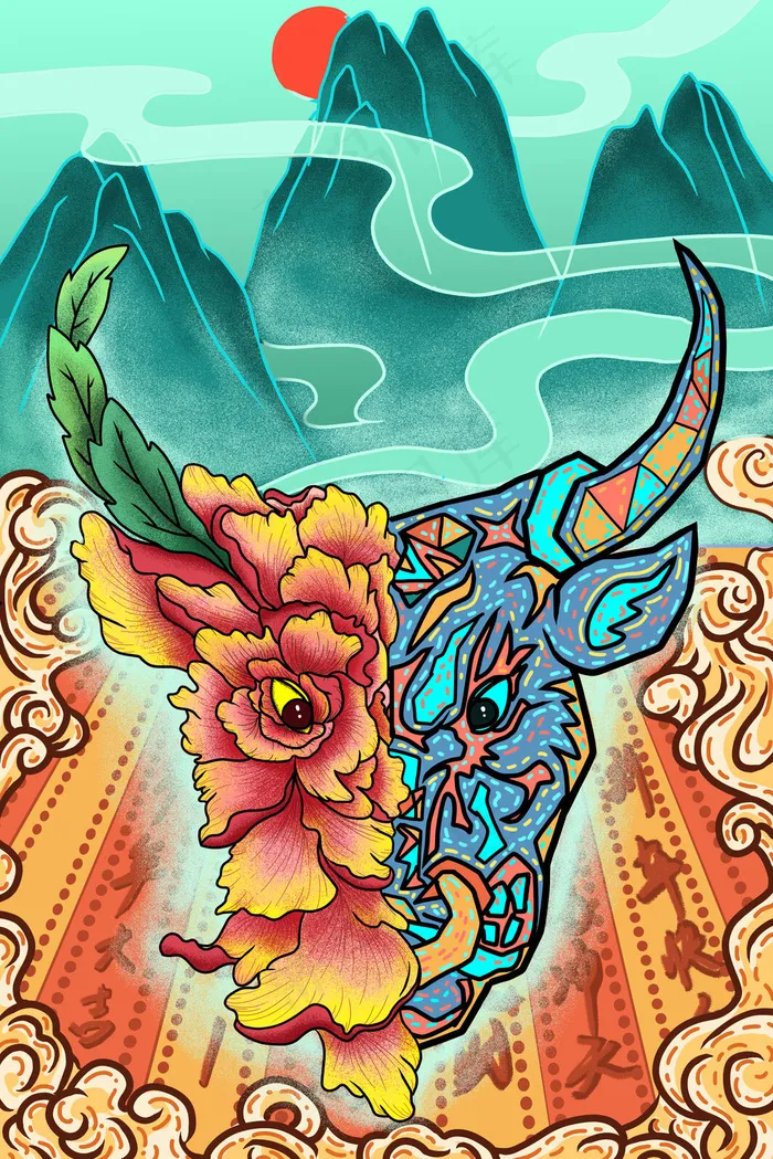 元旦跨年2021牛年大吉(3545*5315px 300 dpi )psd模版下载