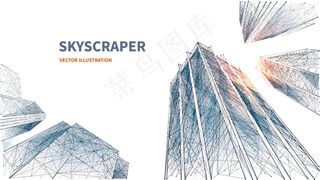 摩天大楼的抽象数字低角度视图。多边形线条、粒子和连接的点。白色背景上孤立的商业建筑。3d技术成功与商业理念。多边形