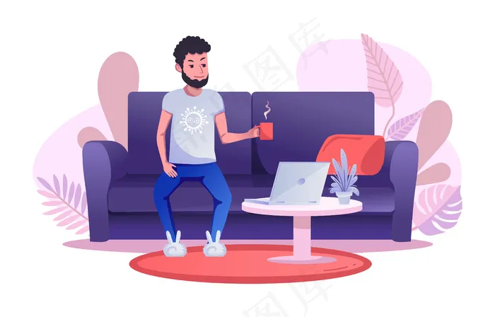 一个人坐在沙发上喝着一杯茶或咖啡，远程工作。eps,ai矢量模版下载