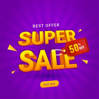 3d超级销售文本，紫色光线背景上有50%折扣标签，用于广告概念