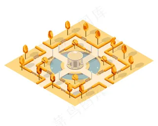 城市等距秋季公园，有池塘、长凳、树木、小径、凉亭和灯具。