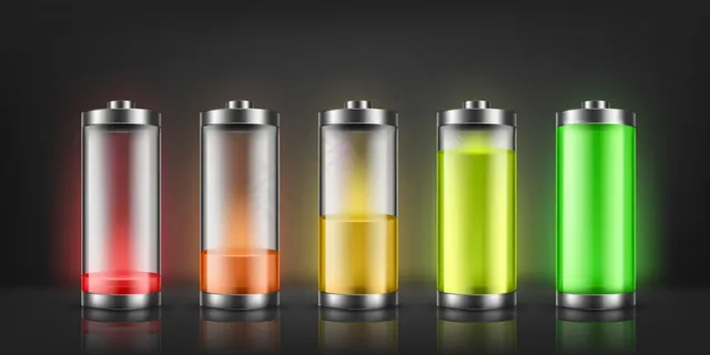 一组电池充电指示灯，低和高能量水平在背景上隔离。