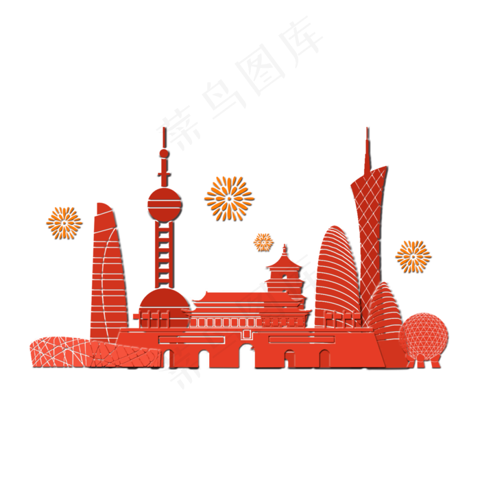 国庆节红色地标建筑群(2000X2000(DPI:300))psd模版下载